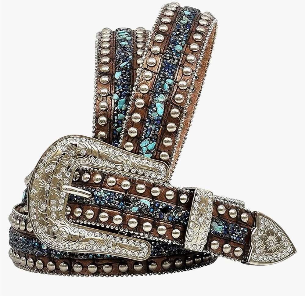 Angel Ranch | Turquoise + Rhinestones Brown Gator Print 1.5” Leather Belt